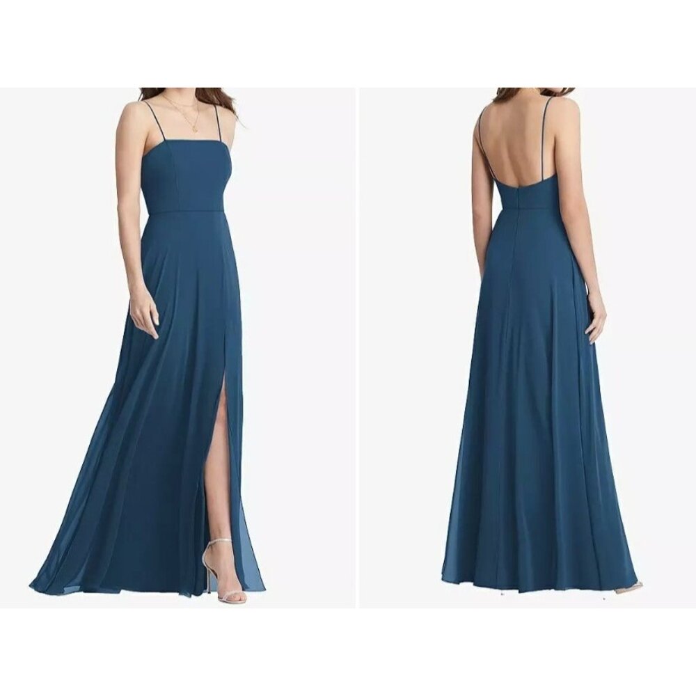 NEW $187‎ Lovely Womens 14 Square Neck Chiffon Maxi Dress Dusk Blue Gown